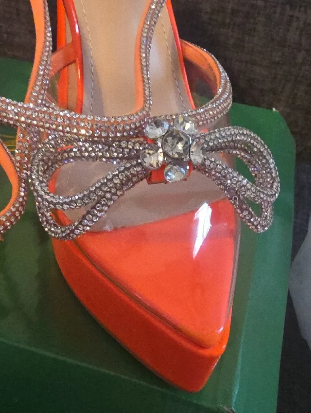 Cathy Din-Women's Orange Rhinestone Platform Heeled Sandals